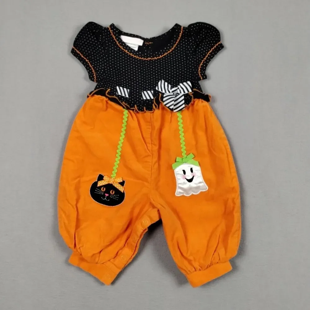 Bonnie Jean Baby Halloween Romper Cat Ghost Corduroy Orange Black Size 6-9 Month